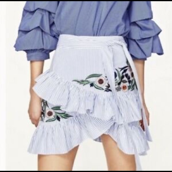 Zara Striped Flower Embroidered Ruffle Skirt - Picture 2 of 5